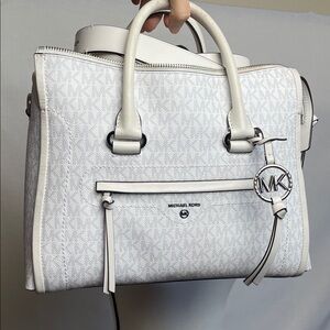 Michael Kors Carine White Monogram Handbag shoulder strap silver tassel MK